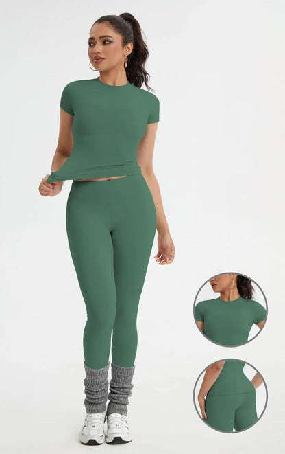 Women'S Sportswear Set, Slim-Fit Short Sleeves & High-Waisted Yoga Pants, Ideal for Gym Running Outdoor Activities, Gym Yoga Outfit