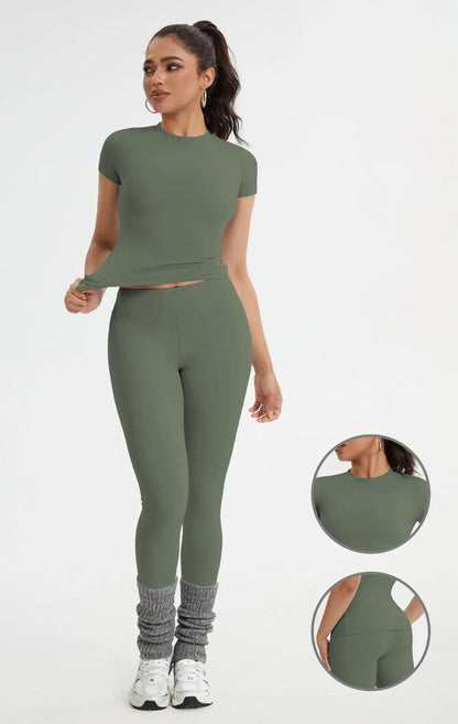 Women'S Sportswear Set, Slim-Fit Short Sleeves & High-Waisted Yoga Pants, Ideal for Gym Running Outdoor Activities, Gym Yoga Outfit