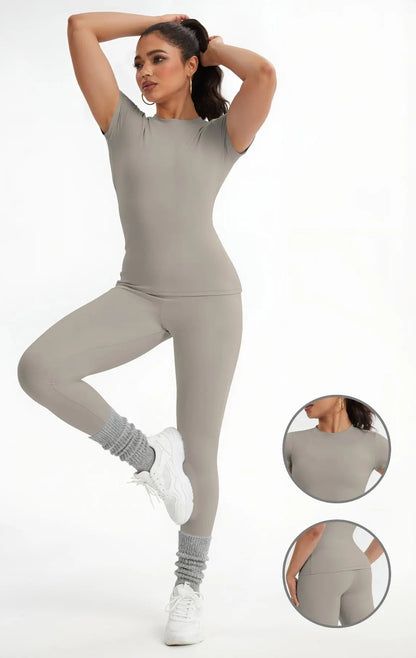 Women'S Sportswear Set, Slim-Fit Short Sleeves & High-Waisted Yoga Pants, Ideal for Gym Running Outdoor Activities, Gym Yoga Outfit