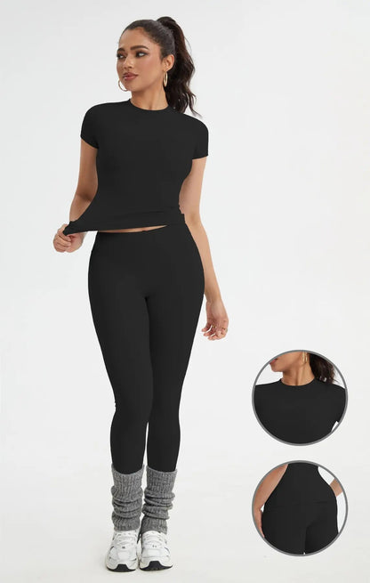 Women'S Sportswear Set, Slim-Fit Short Sleeves & High-Waisted Yoga Pants, Ideal for Gym Running Outdoor Activities, Gym Yoga Outfit