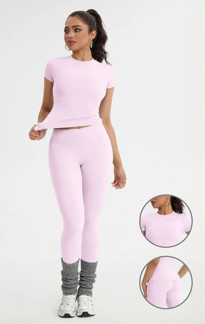 Women'S Sportswear Set, Slim-Fit Short Sleeves & High-Waisted Yoga Pants, Ideal for Gym Running Outdoor Activities, Gym Yoga Outfit