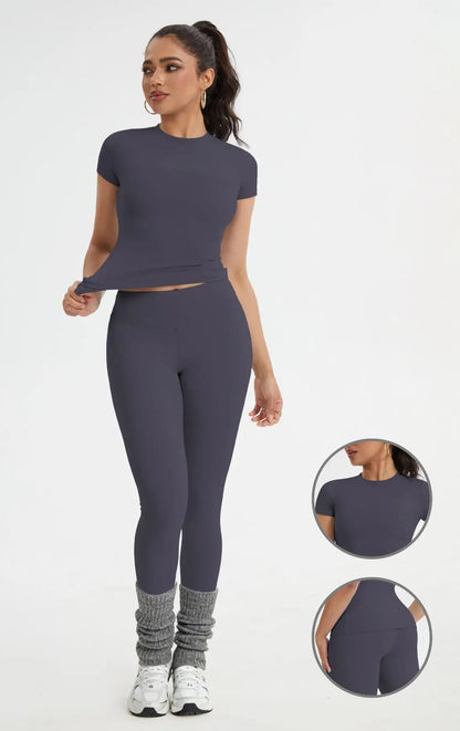 Women'S Sportswear Set, Slim-Fit Short Sleeves & High-Waisted Yoga Pants, Ideal for Gym Running Outdoor Activities, Gym Yoga Outfit